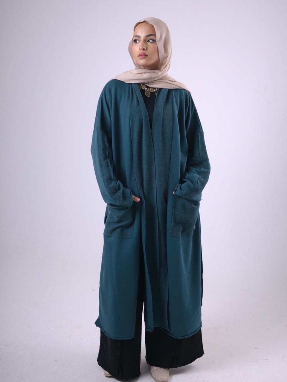 Long Melton Cardigan in Blue Green