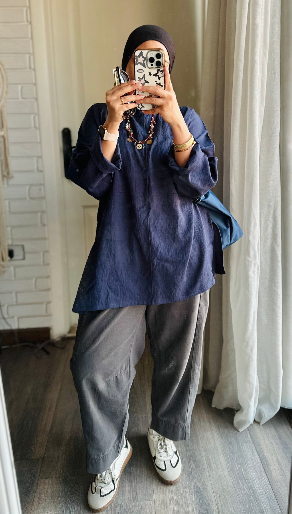 Linen Mid-Length Top in Navy Blue