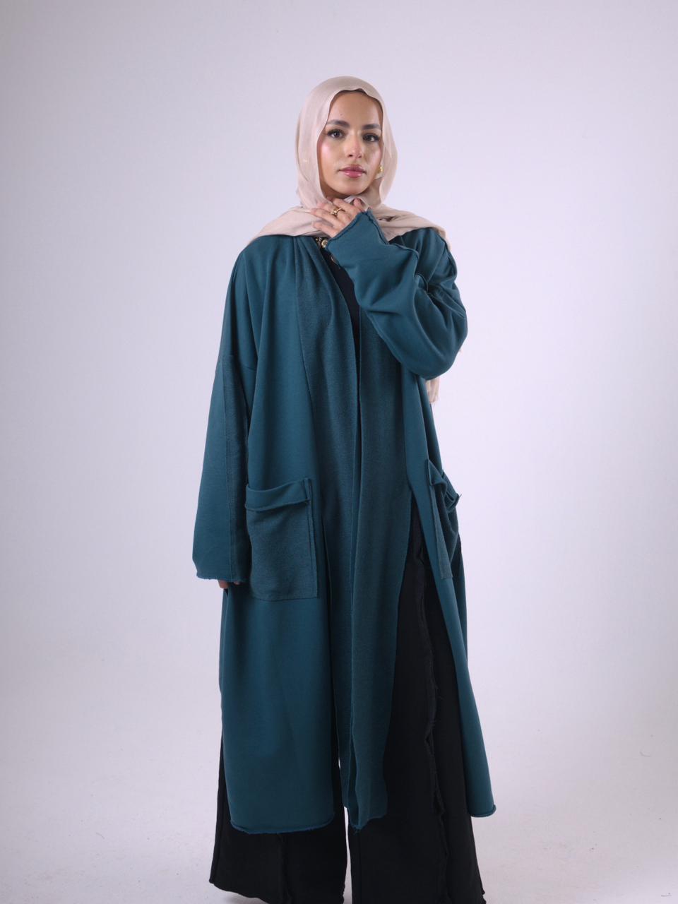 Long Melton Cardigan in Blue Green