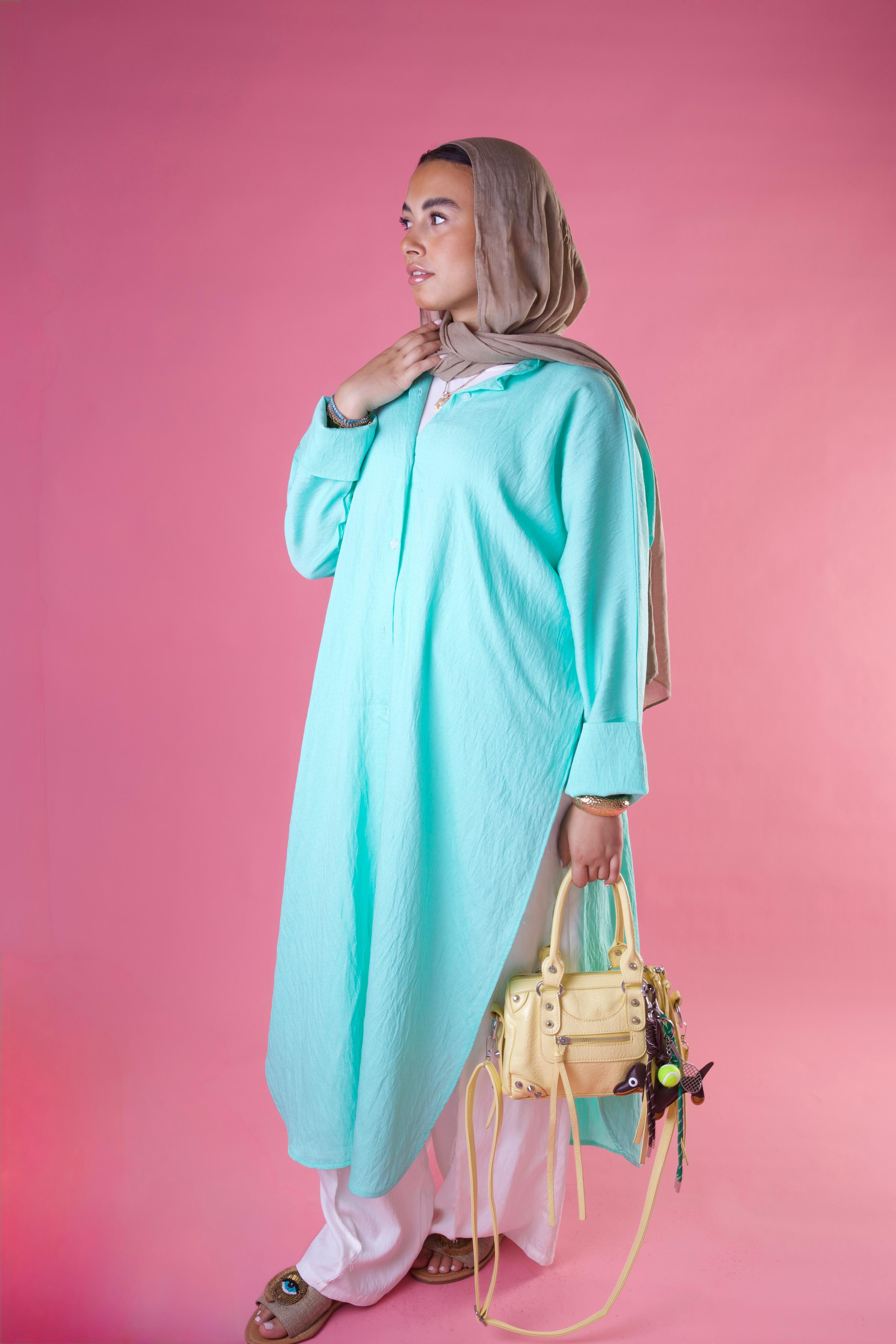Slit Cut Long Shirt In Aqua