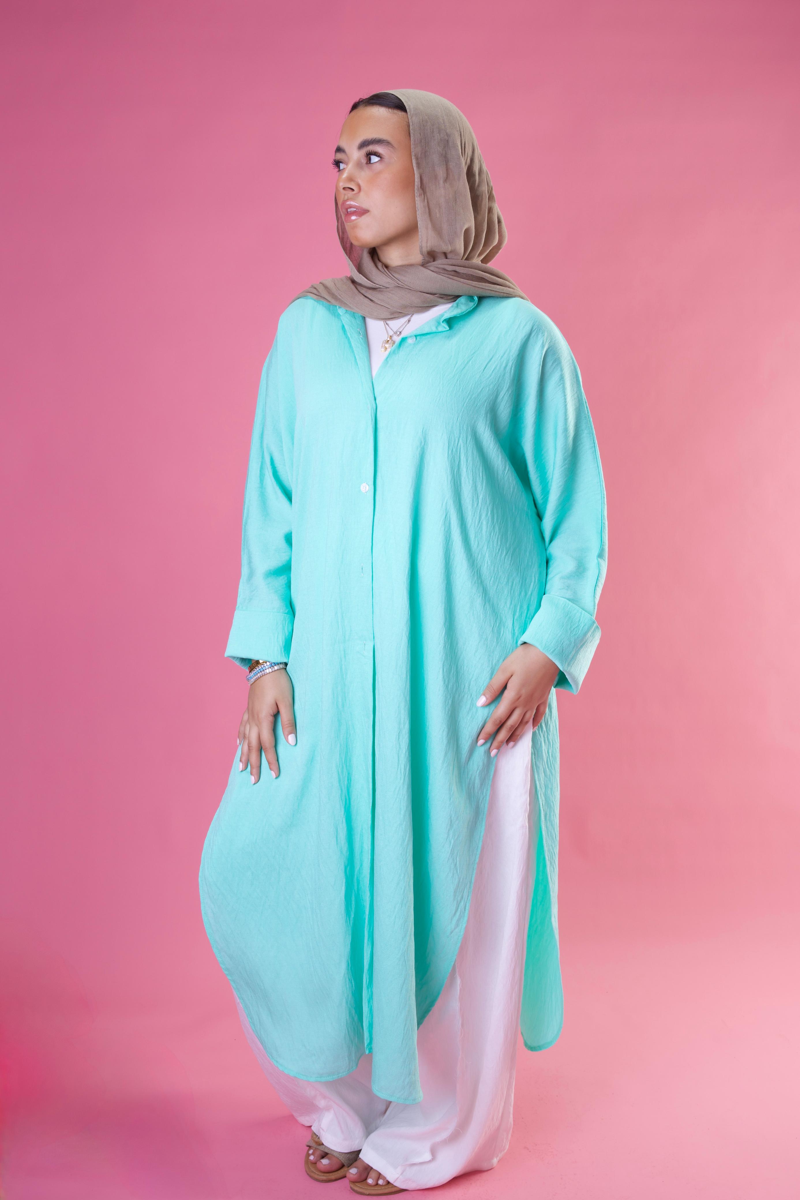 Slit Cut Long Shirt In Aqua