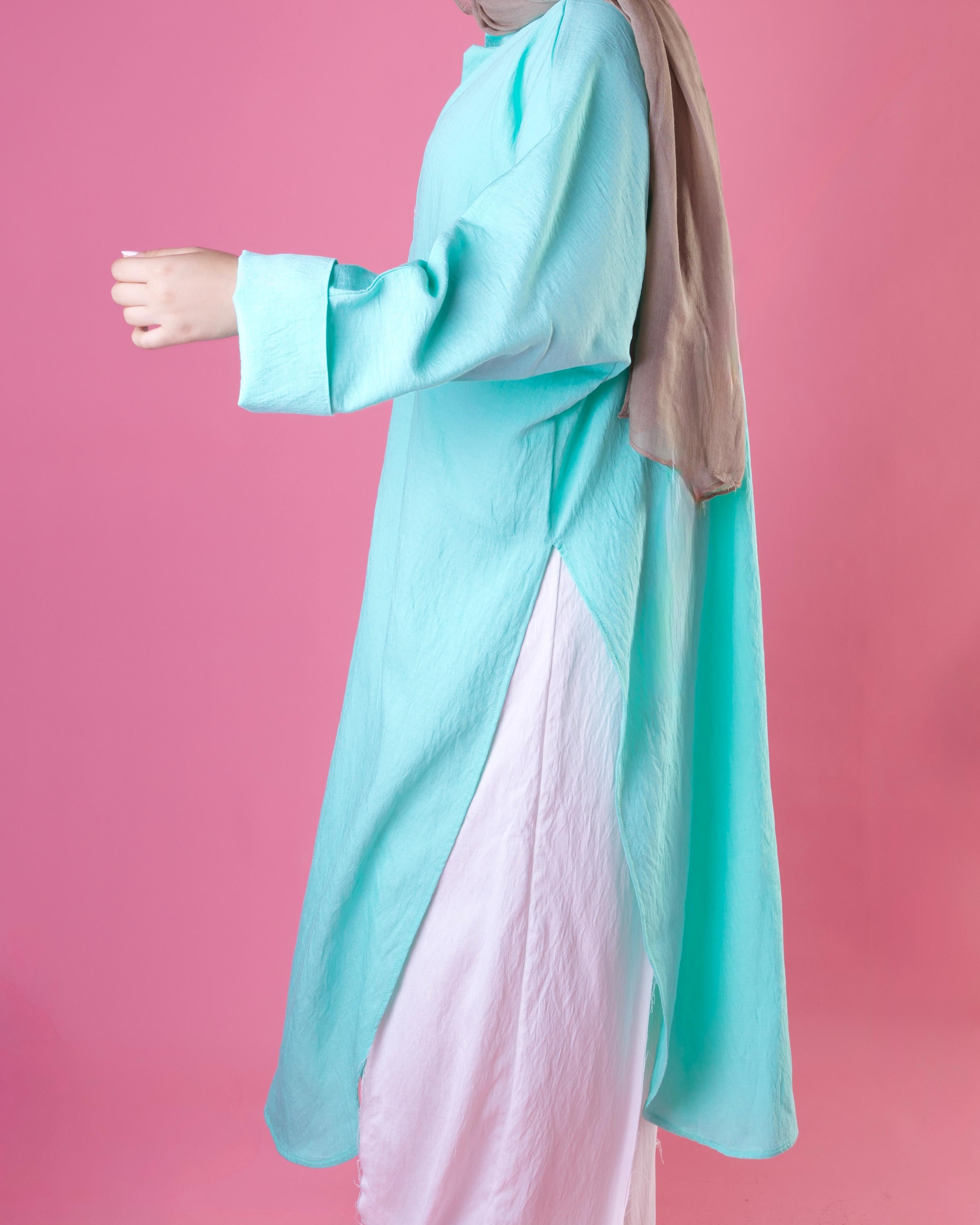 Slit Cut Long Shirt In Aqua