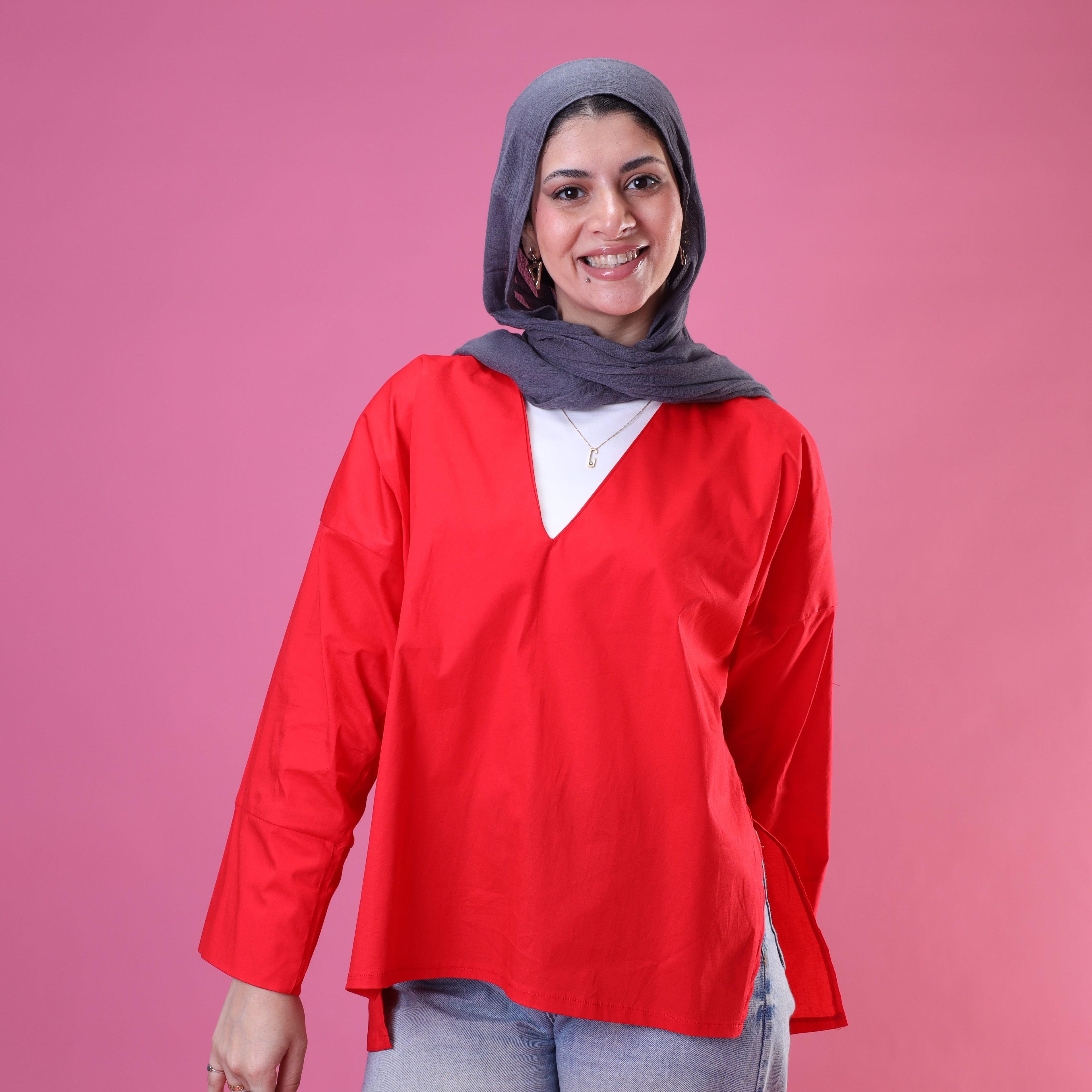 V-Cut Neck Top In Red