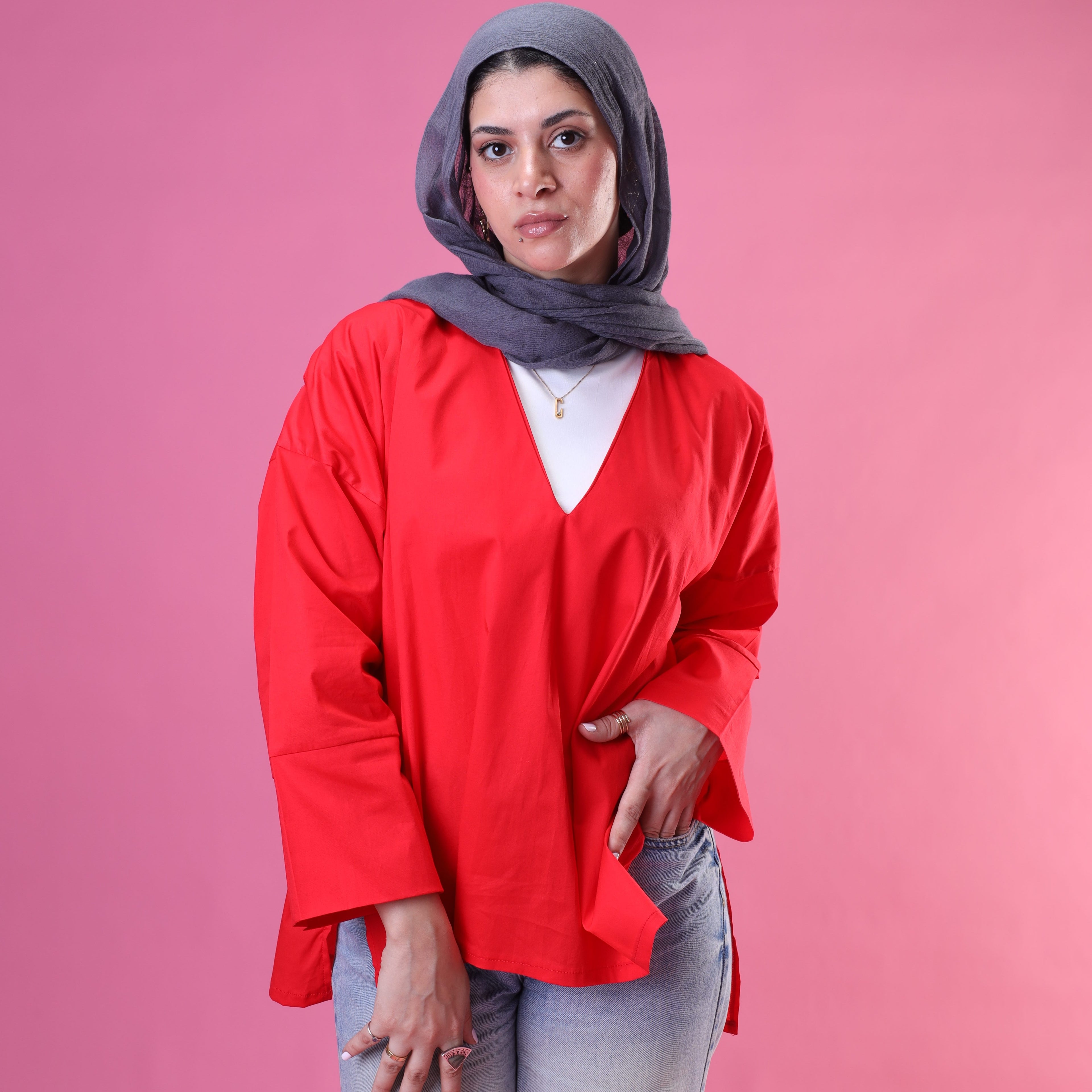 V-Cut Neck Top In Red