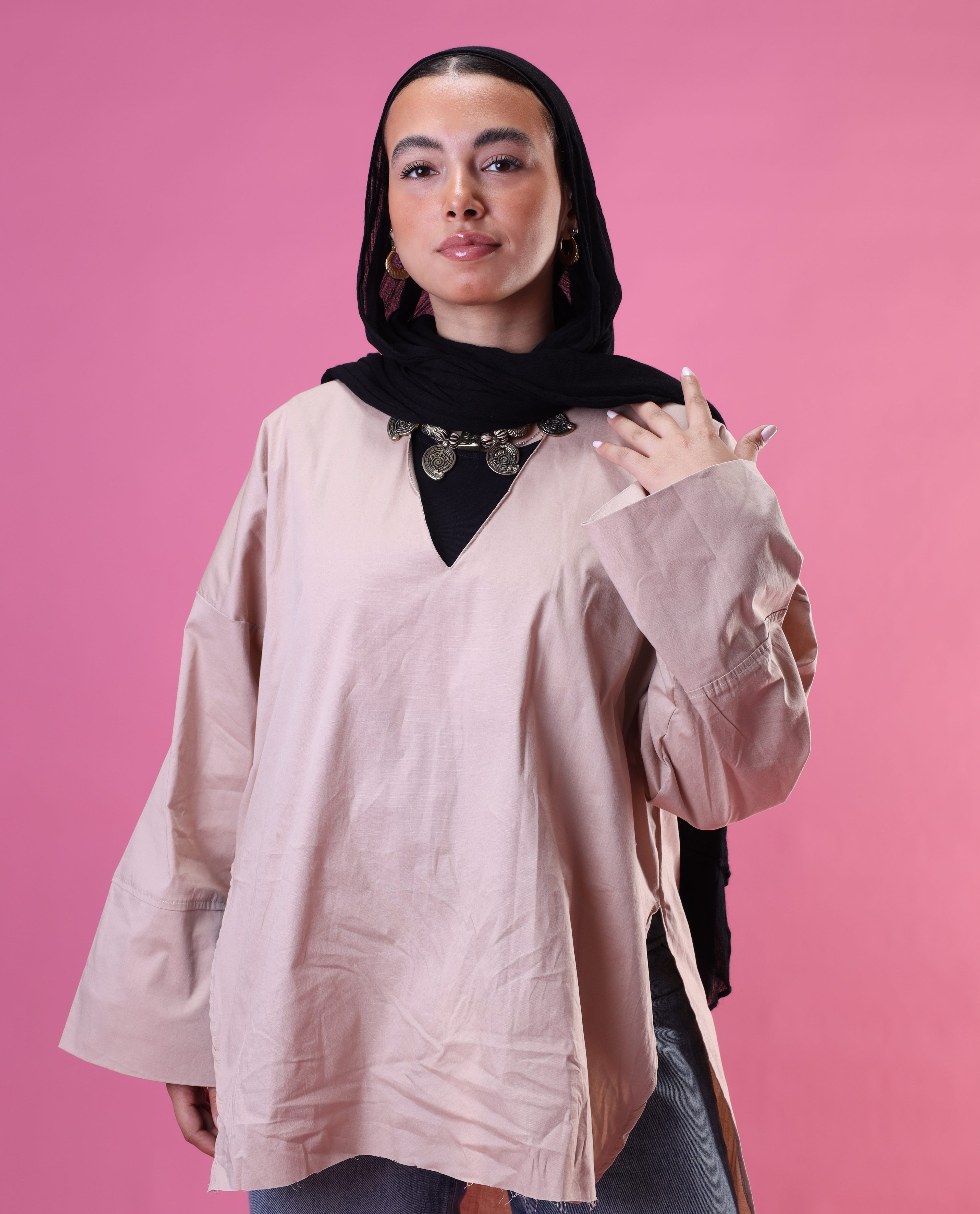 V-Cut Neck Top In Beige