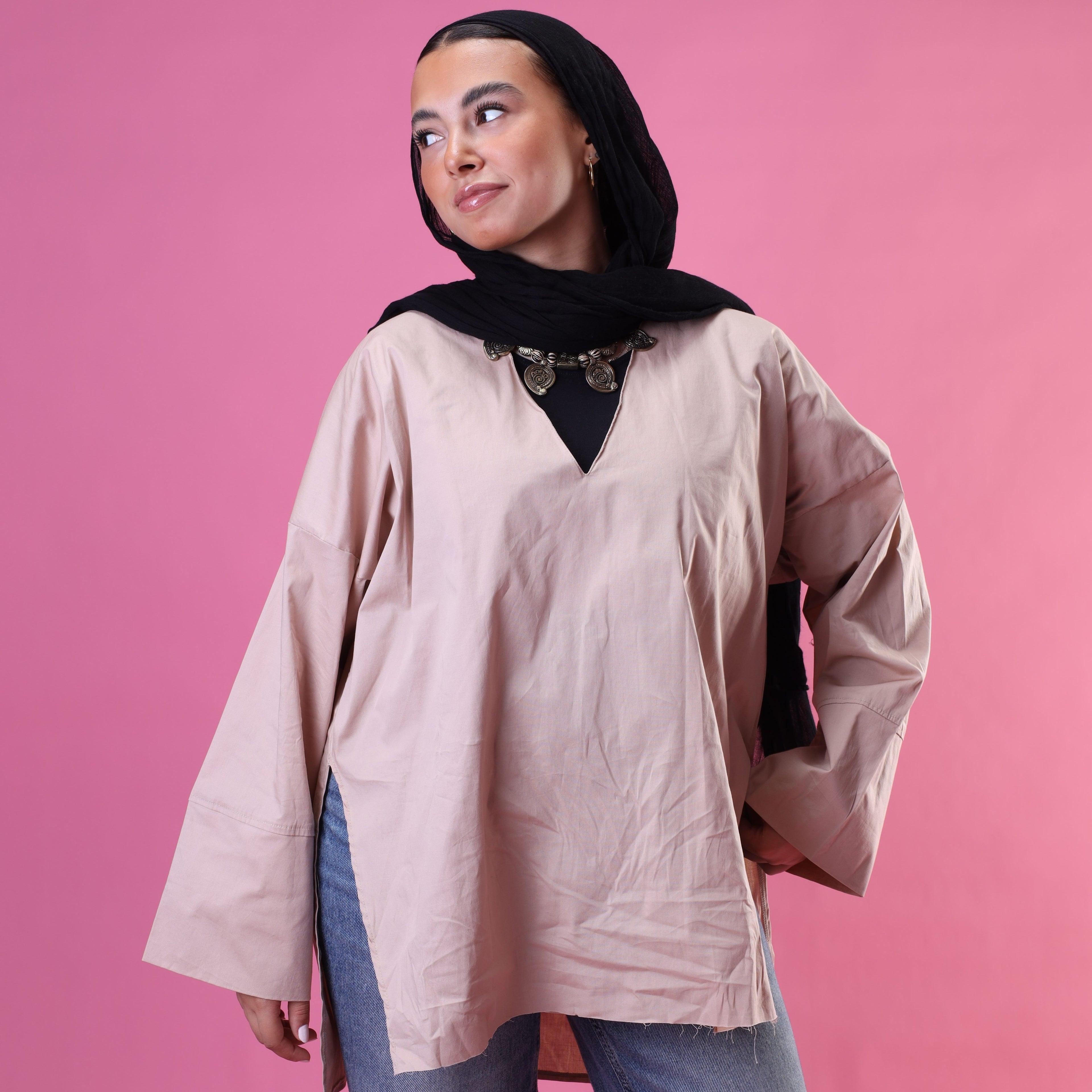 V-Cut Neck Top In Beige