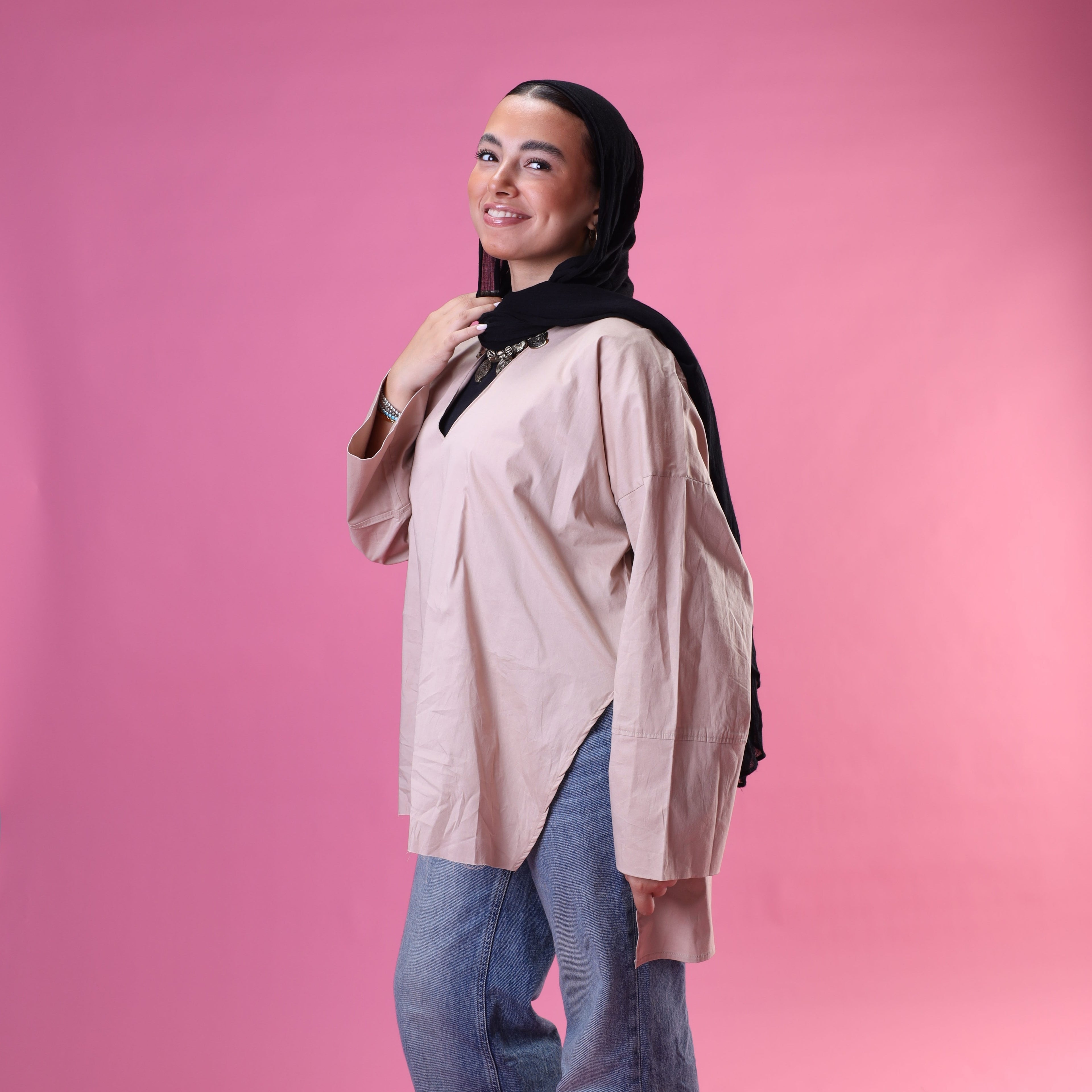 V-Cut Neck Top In Beige