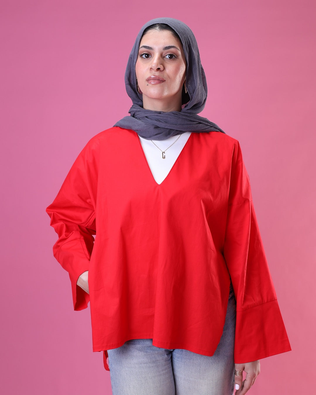 V-Cut Neck Top In Red