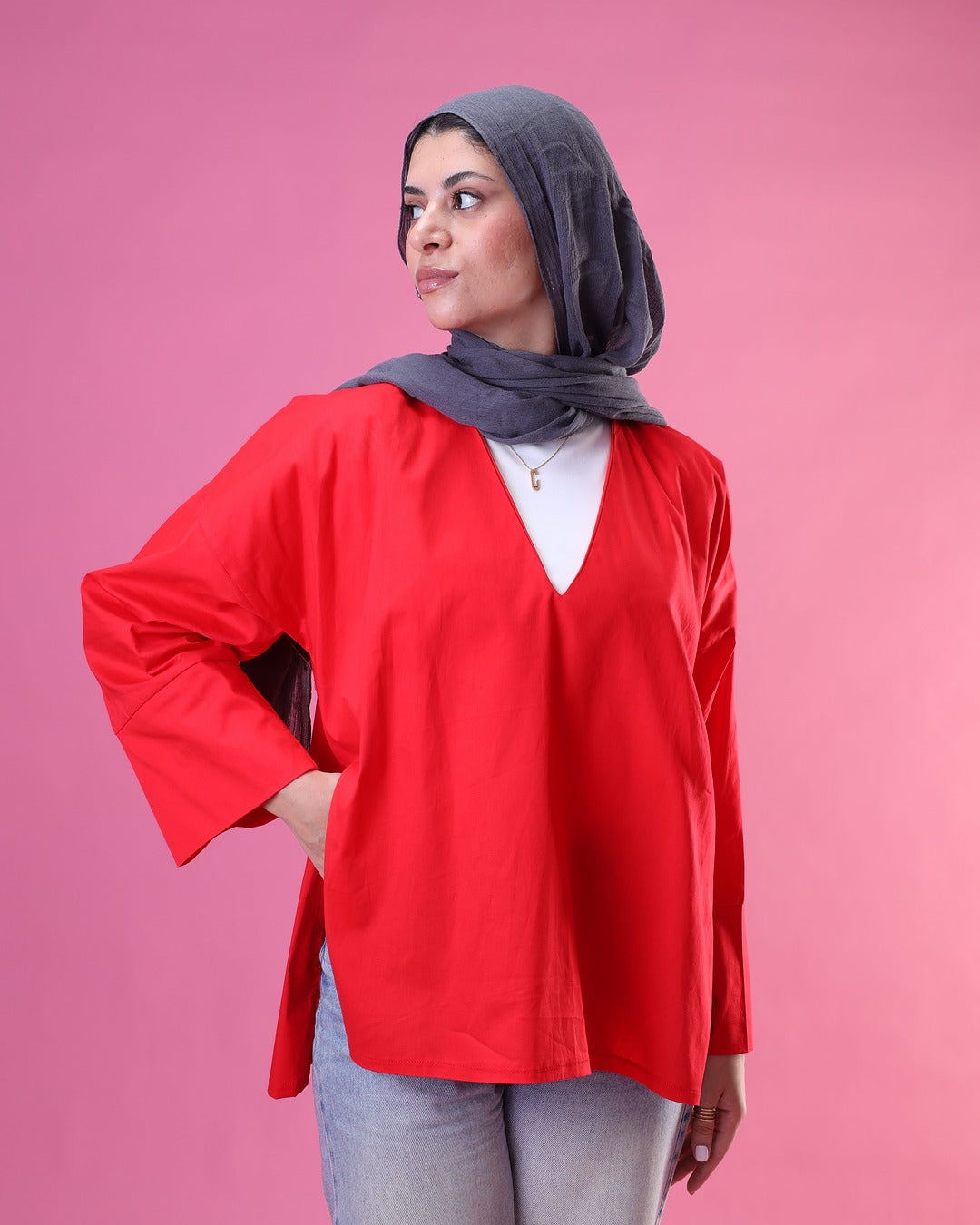 V-Cut Neck Top In Red